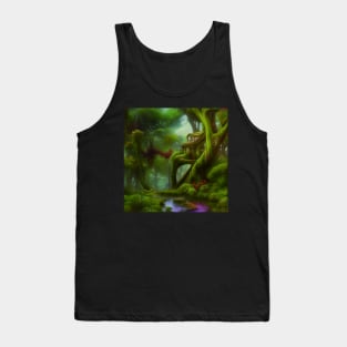 Tree House Portrait in Red Color, Greenery Outside, Landscape Painting Tank Top